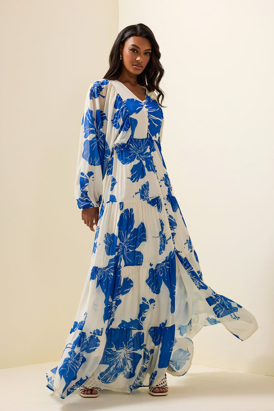 Print Long Sleeve V-neck Maxi Dress