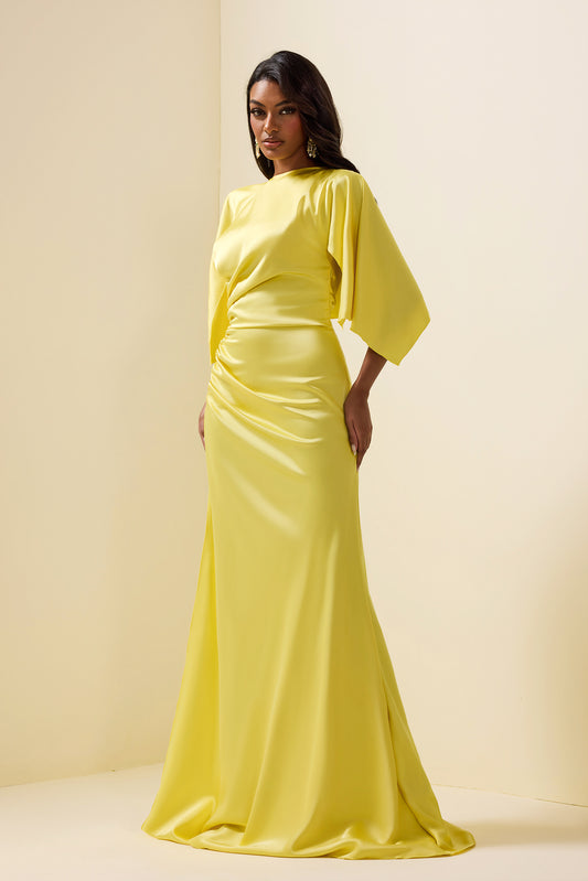 Satin Ruched Cape Sleeve Split Maxi Dress