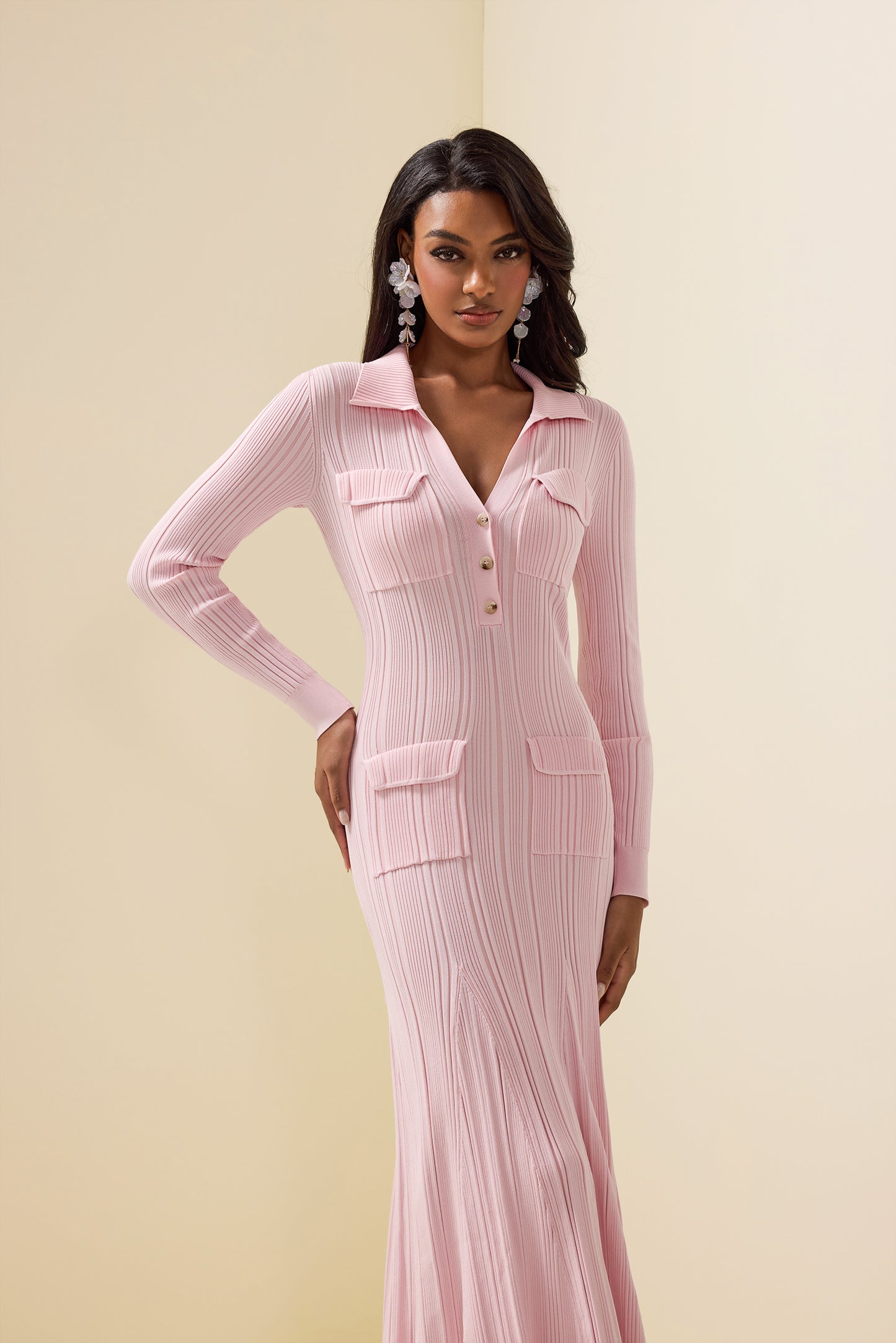 Jersey Flapped Long Sleeve Midi Dress