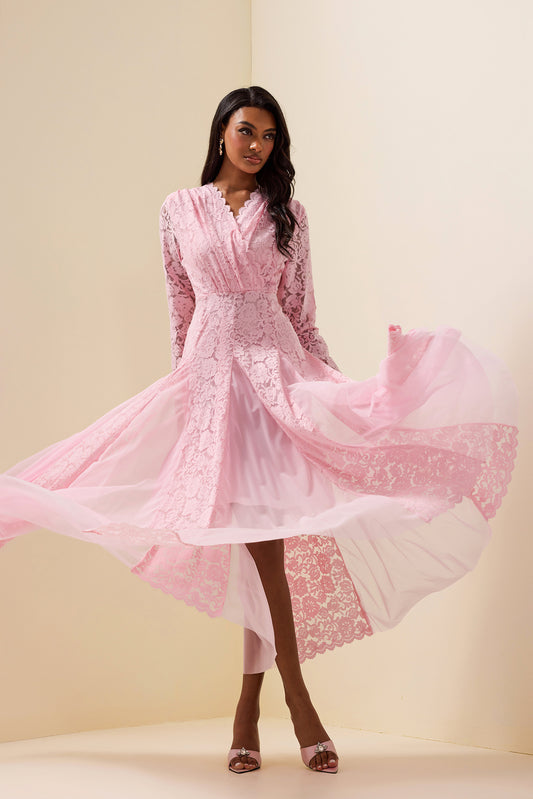 Lace Splicing Long Sleeve Midi Dress