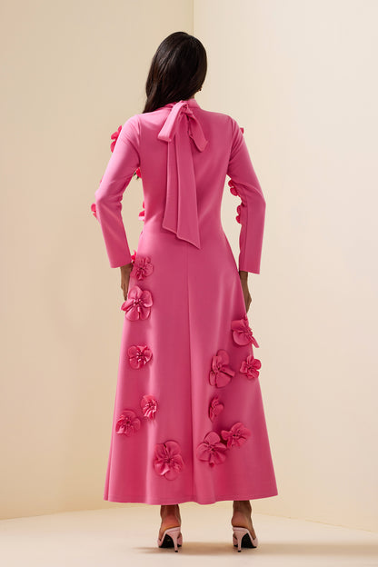 3d Flower Stand Collar Long Sleeve Midi Dress