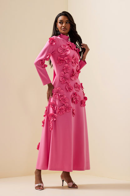 3d Flower Stand Collar Long Sleeve Midi Dress