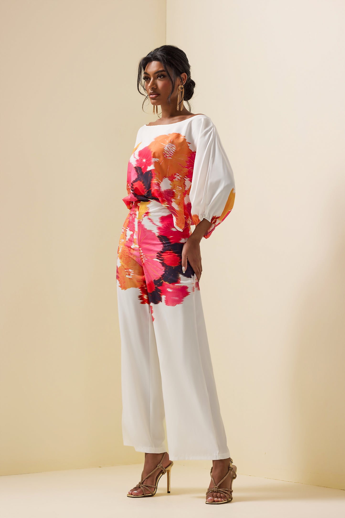 Abstract Print Off-shoulder Top �?high Waist Pants Set