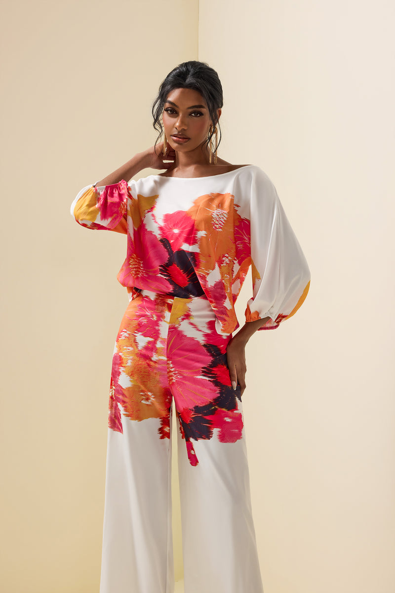 Abstract Print Off-shoulder Top �?high Waist Pants Set