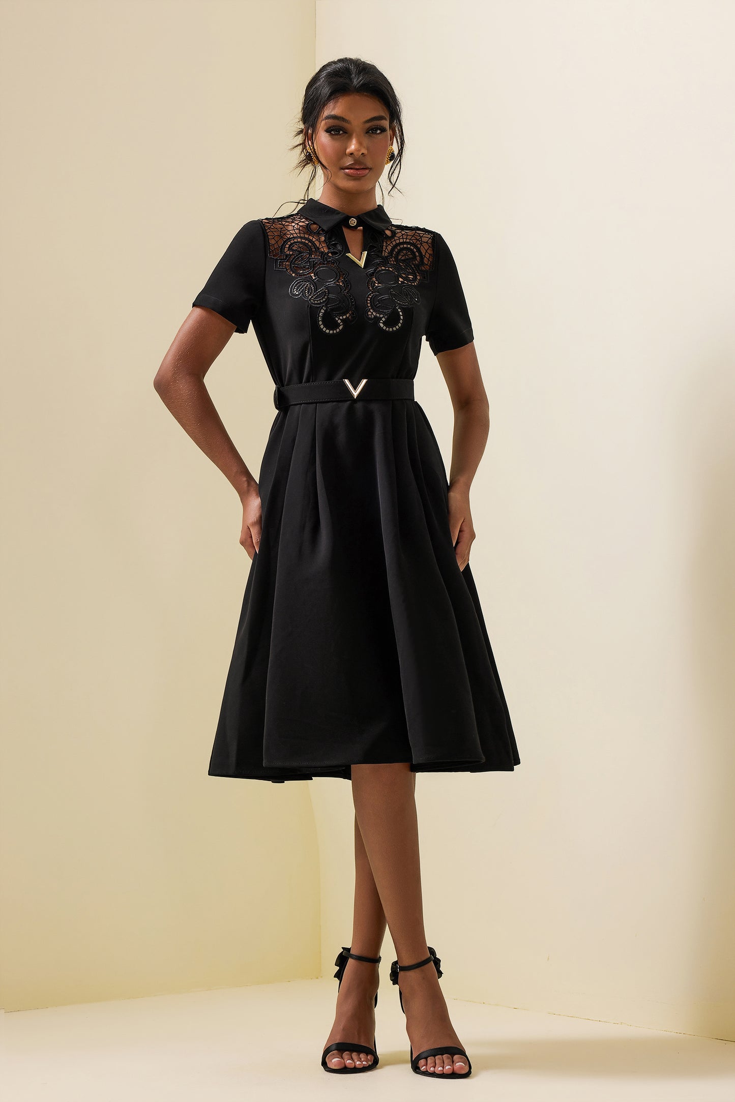 Embroidered Shirt Collar Midi Dress With Belt Black
