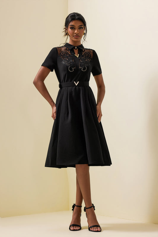 Embroidered Shirt Collar Midi Dress With Belt Black