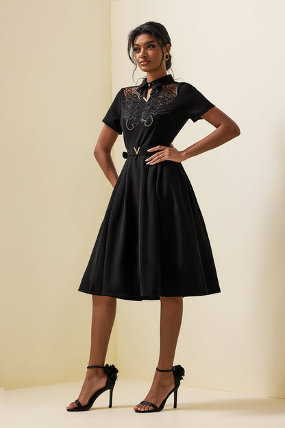Embroidered Shirt Collar Midi Dress With Belt Black