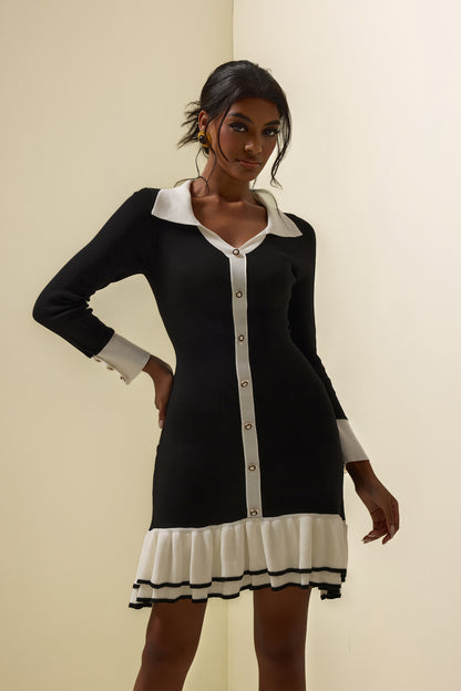 Jersey Contrast Color Frill Mini Dress