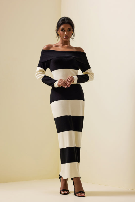 Jersey Stripe Off-shoulder Midi Dress