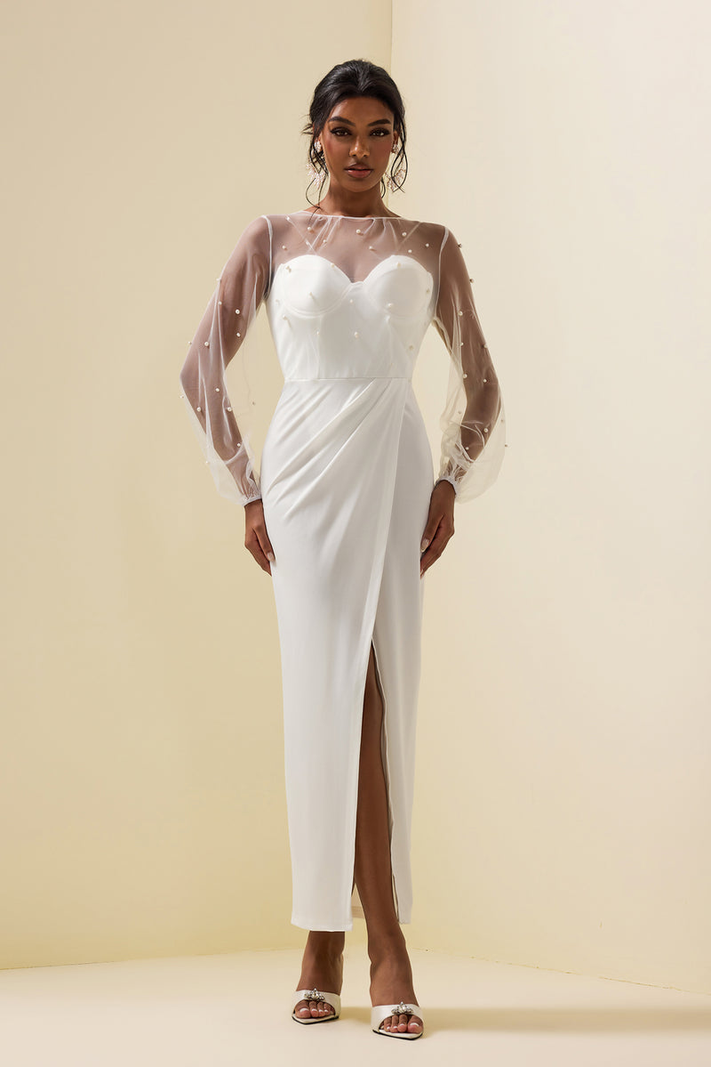 Faux Pearl Lantern Sleeve Midi Dress