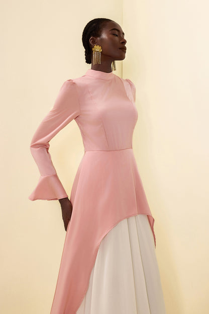Satin Stand Collar Ball Sleeve Midi Dress