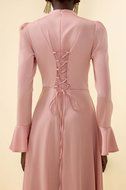 Satin Stand Collar Ball Sleeve Midi Dress