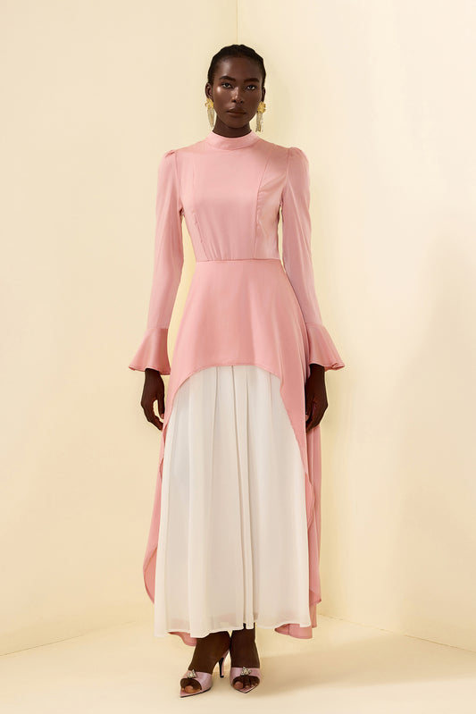 Satin Stand Collar Ball Sleeve Midi Dress