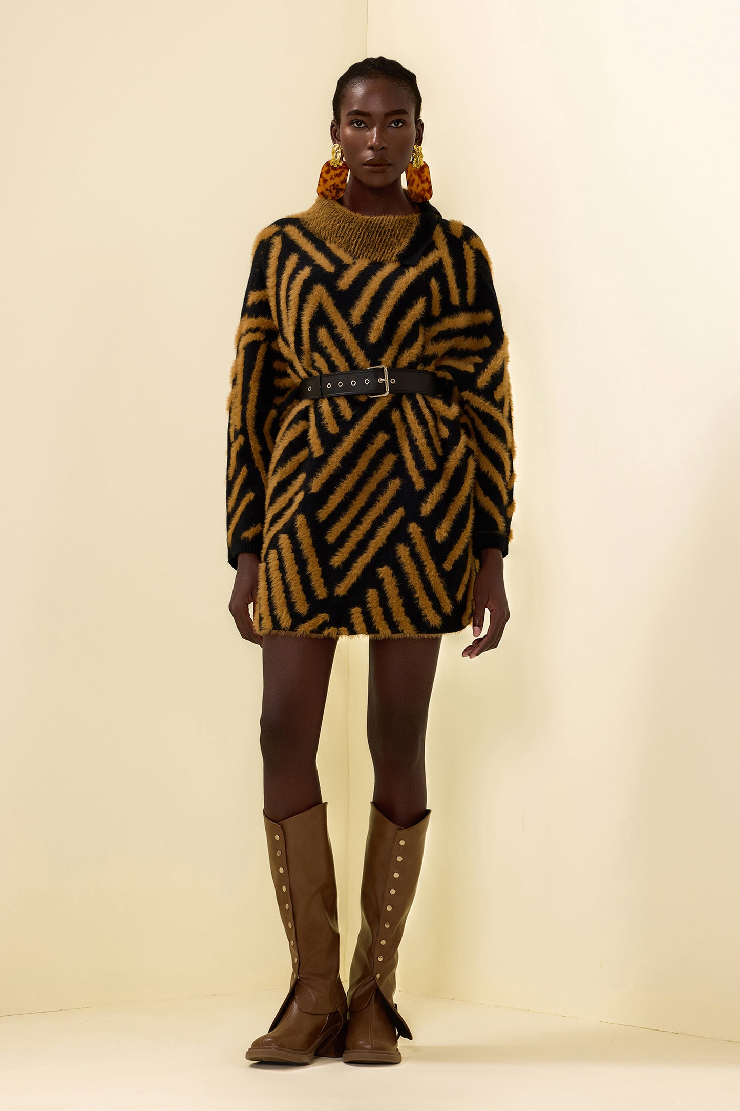 High Neck Long Sleeve Sweater With Belt
