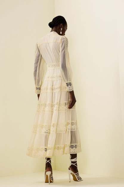 Lace Embroidered Lantern Sleeve Midi Dress