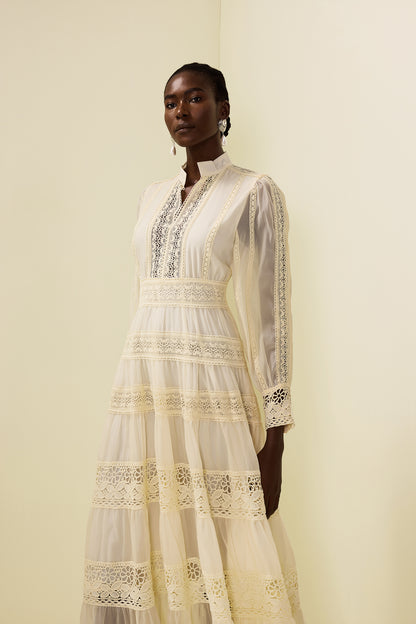 Lace Embroidered Lantern Sleeve Midi Dress