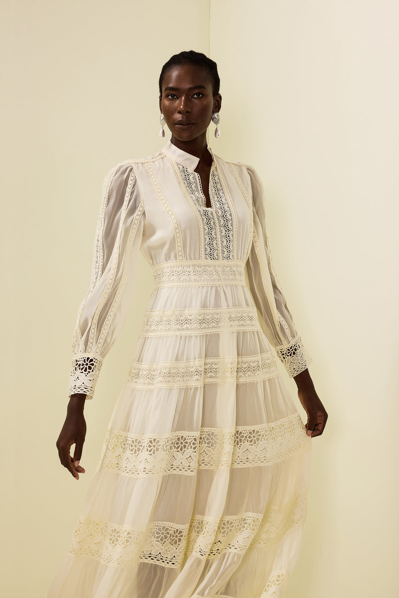 Lace Embroidered Lantern Sleeve Midi Dress