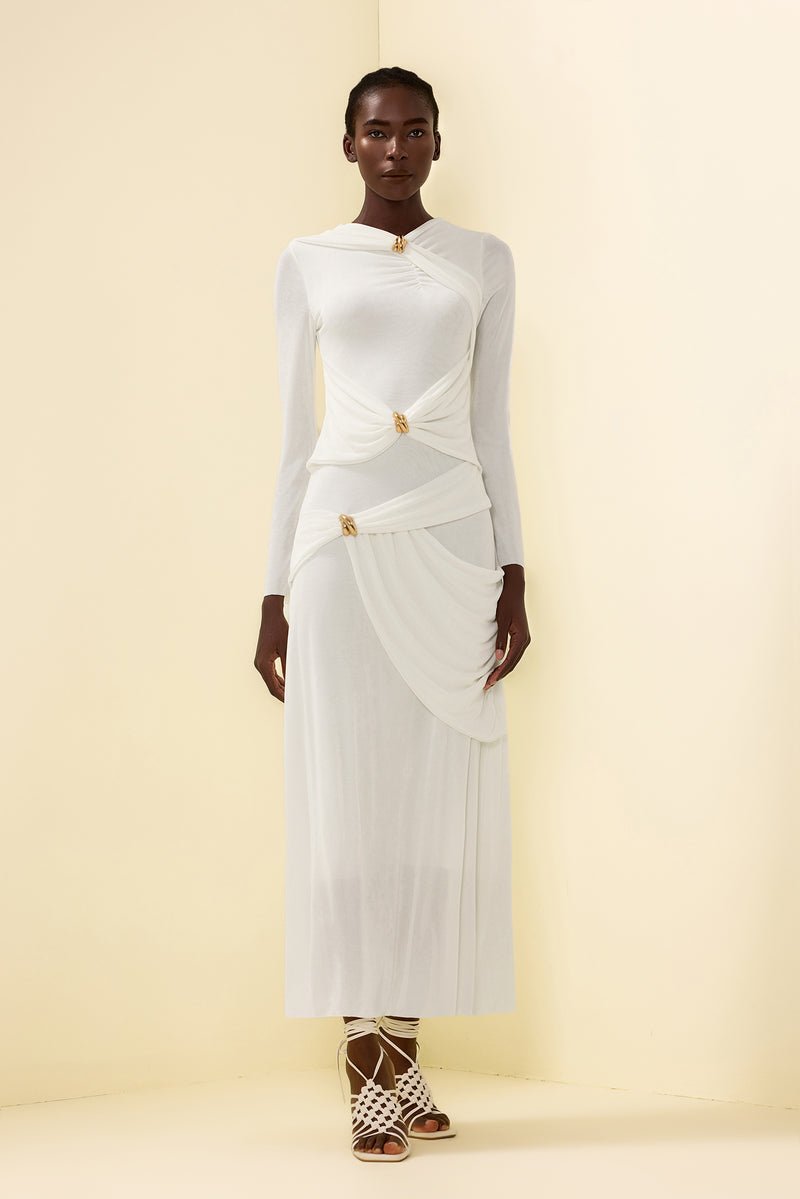 Knit Ruched Long Sleeve Maxi Dress White