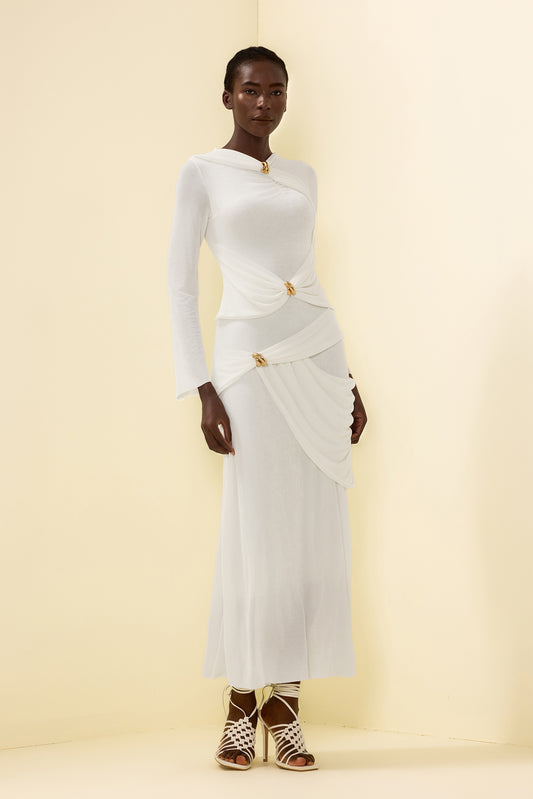 Knit Ruched Long Sleeve Maxi Dress White