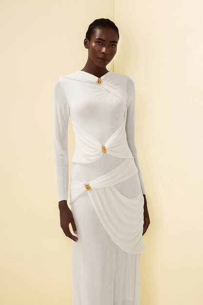Knit Ruched Long Sleeve Maxi Dress White