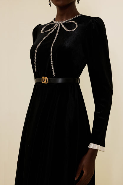 Velvet Rhinestone Bow Midi Dress