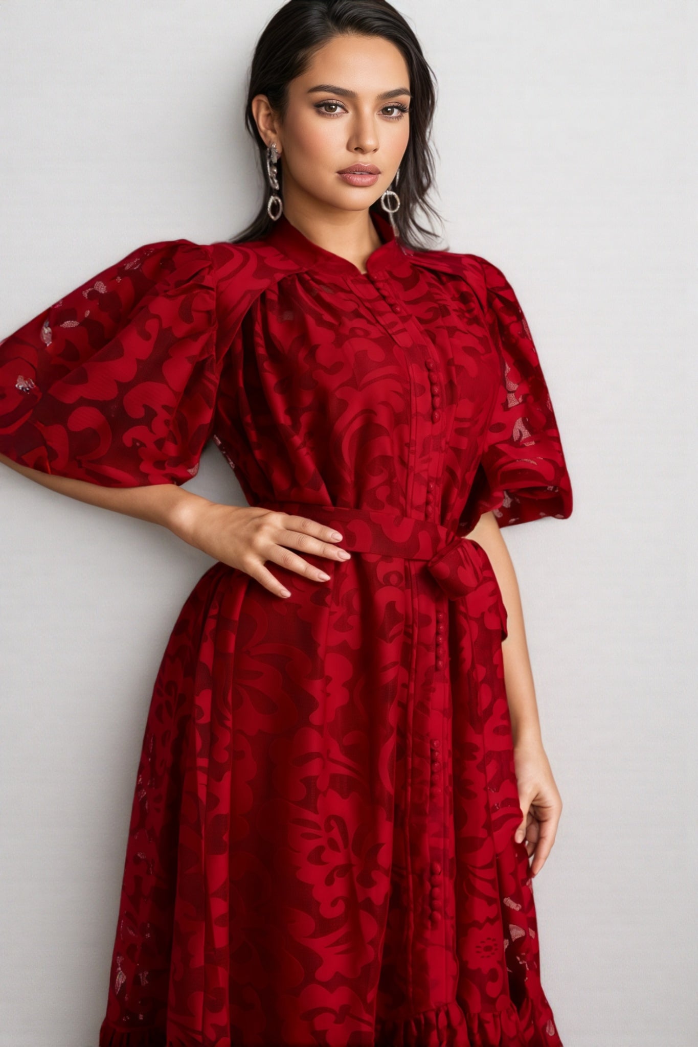 Kale Embroidered Lace Belted Midi Dress
