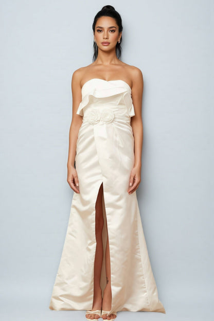 Jiusi White Appliqued Satin Maxi Dress