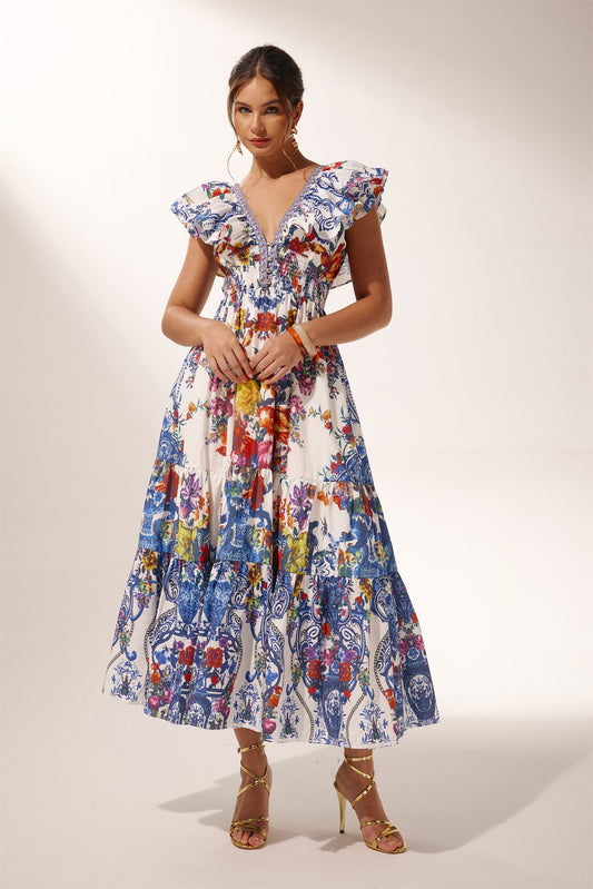 Martina Printed Ruffle Maxi Dress