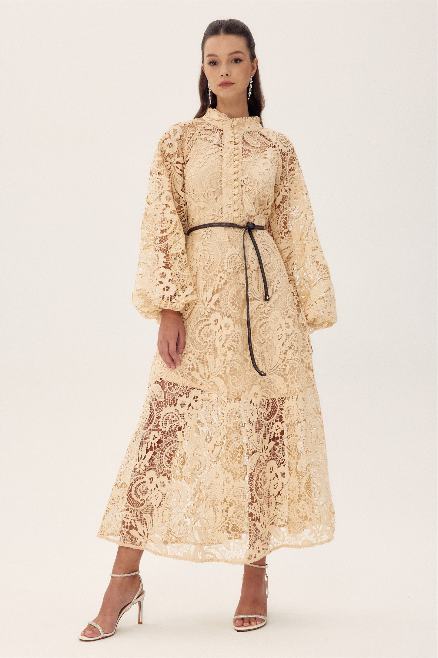 Coral Embroidered Lace Sheer Midi Dress