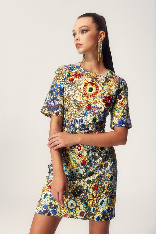 Sabina Rhinestone Embellished Short Sleeve Mini Dress