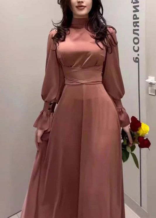 Autumn Waist Cinching Silk Long Dress Wo054