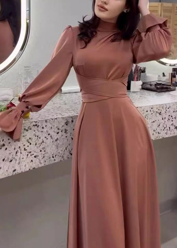 Autumn Waist Cinching Silk Long Dress Wo054