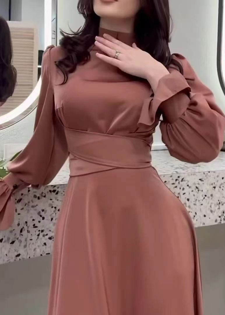 Autumn Waist Cinching Silk Long Dress Wo054