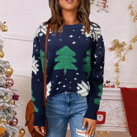 Christmas Tree Print Round Neck Long Sleeve Knitwear Sweater