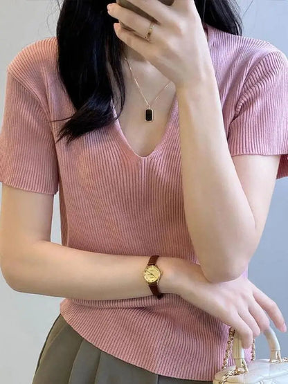 Basic V-neck Summer Knitted Ribbed Slim Short Sweater