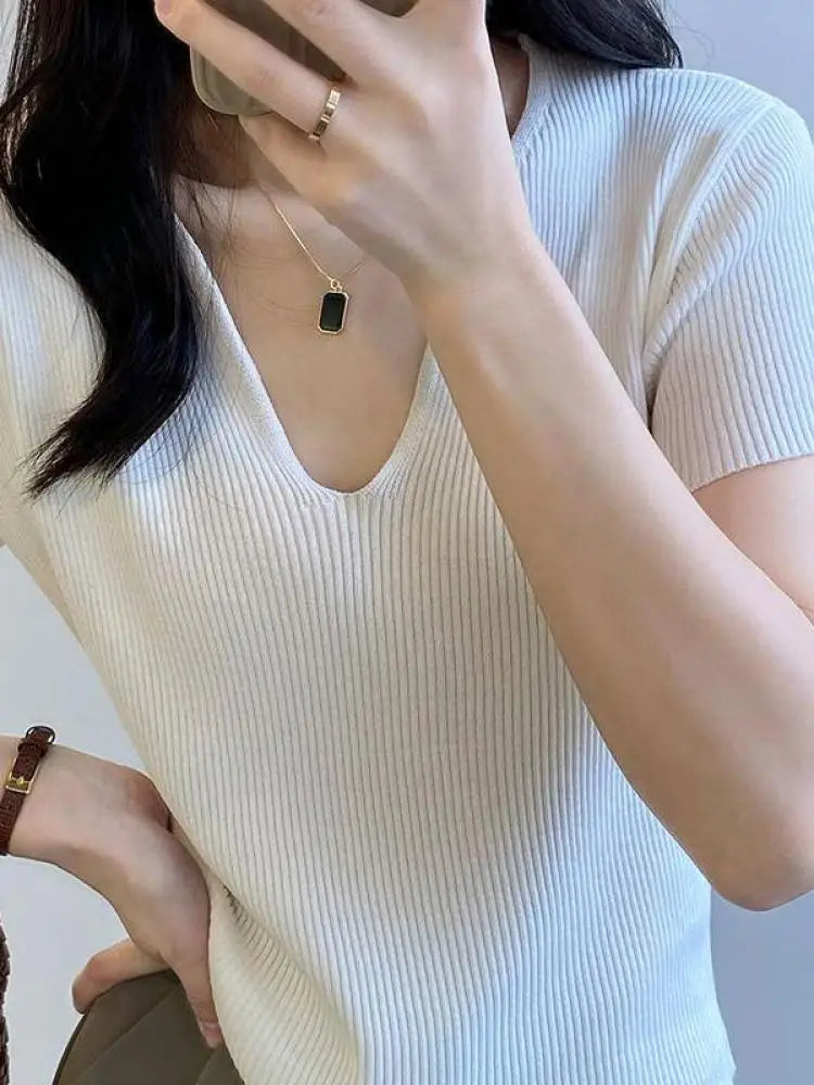 Basic V-neck Summer Knitted Ribbed Slim Short Sweater