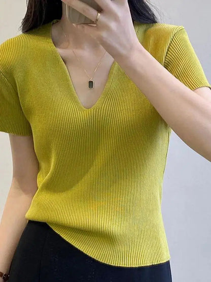 Basic V-neck Summer Knitted Ribbed Slim Short Sweater