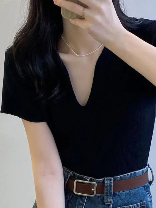Basic V-neck Summer Knitted Ribbed Slim Short Sweater