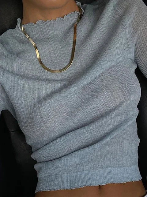 Fall See Through Long Sleeve Mock Neck Tops T-shirts Tees Slim Clothes