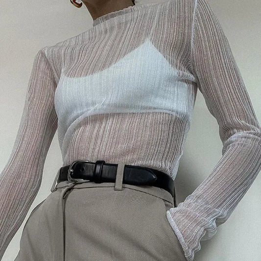 Fall See Through Long Sleeve Mock Neck Tops T-shirts Tees Slim Clothes