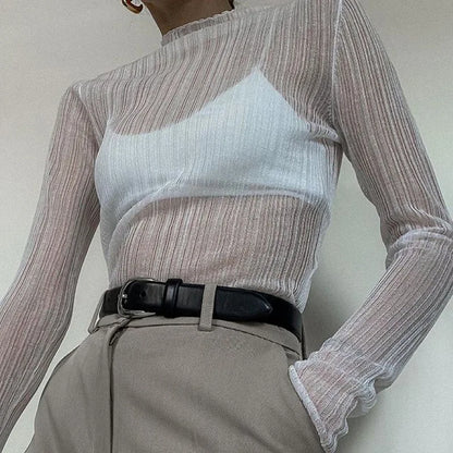 Fall See Through Long Sleeve Mock Neck Tops T-shirts Tees Slim Clothes