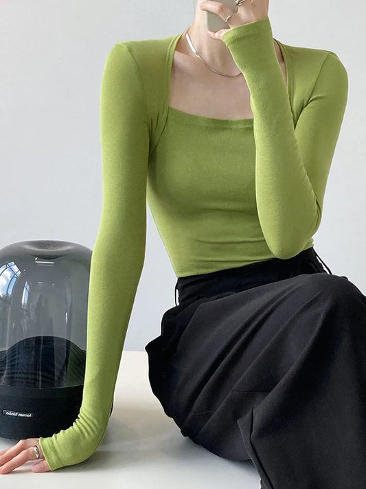 French Gentle Long-sleeved Square-neck T-shirt Slim Fake Two-piece Top Autumn Color Bottoming Shirt