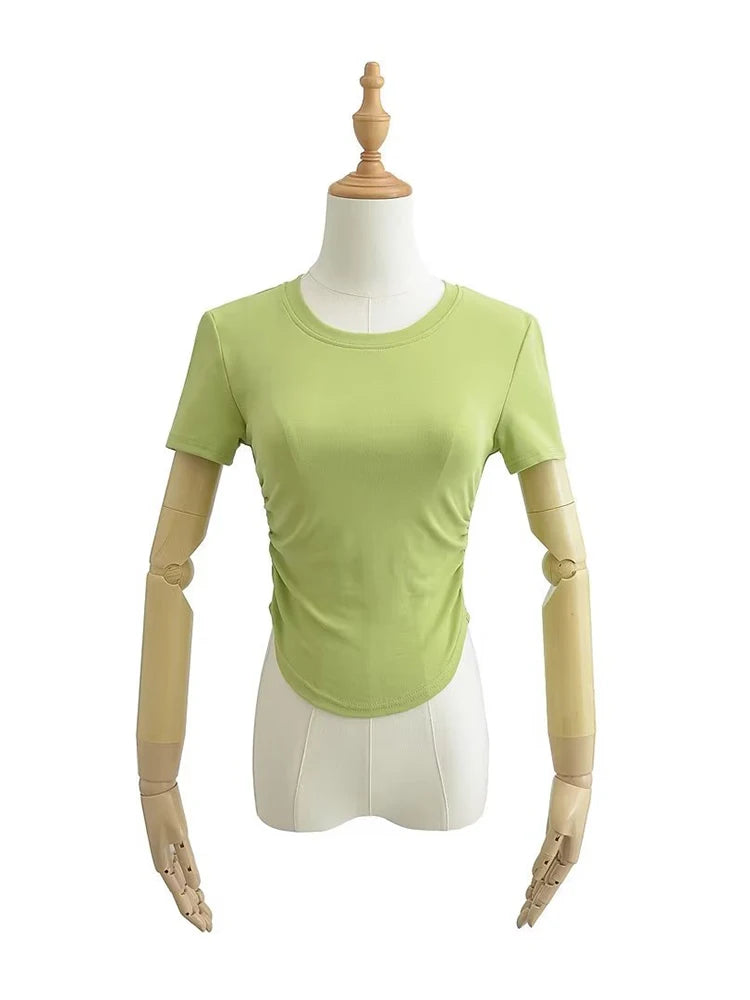 Harajuku Crew Neck Short Sleeve Cotton Tee With Ruched Sides Detail T-shirts