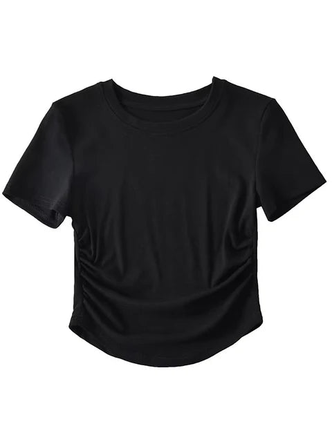 Harajuku Crew Neck Short Sleeve Cotton Tee With Ruched Sides Detail T-shirts