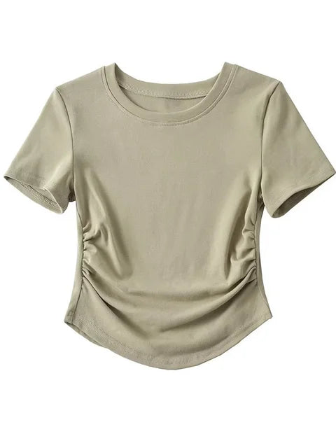 Harajuku Crew Neck Short Sleeve Cotton Tee With Ruched Sides Detail T-shirts