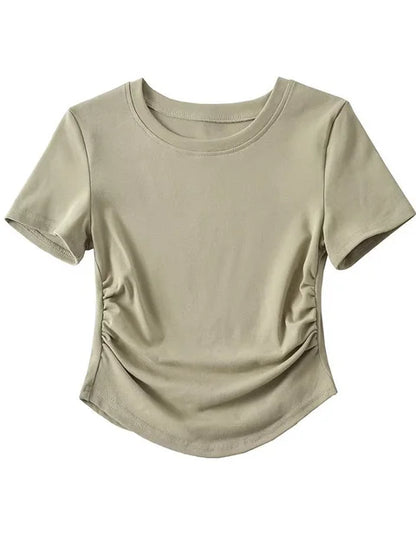 Harajuku Crew Neck Short Sleeve Cotton Tee With Ruched Sides Detail T-shirts
