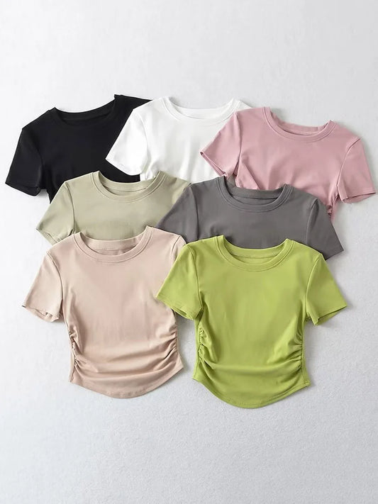 Harajuku Crew Neck Short Sleeve Cotton Tee With Ruched Sides Detail T-shirts