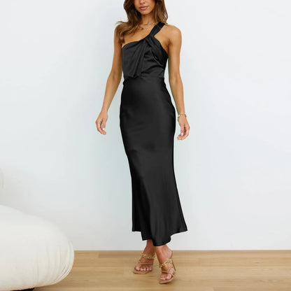 One-shoulder Satin French Slim Midi Dresses