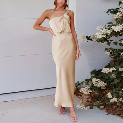 One-shoulder Satin French Slim Midi Dresses