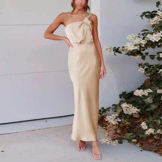 One-shoulder Satin French Slim Midi Dresses